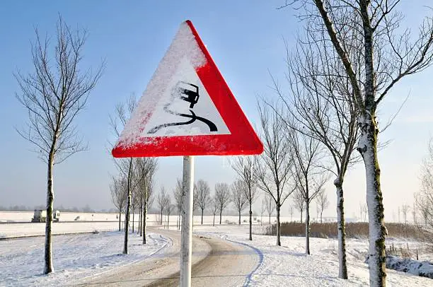 Frozen slippery road sign in front of a snowy icy road.