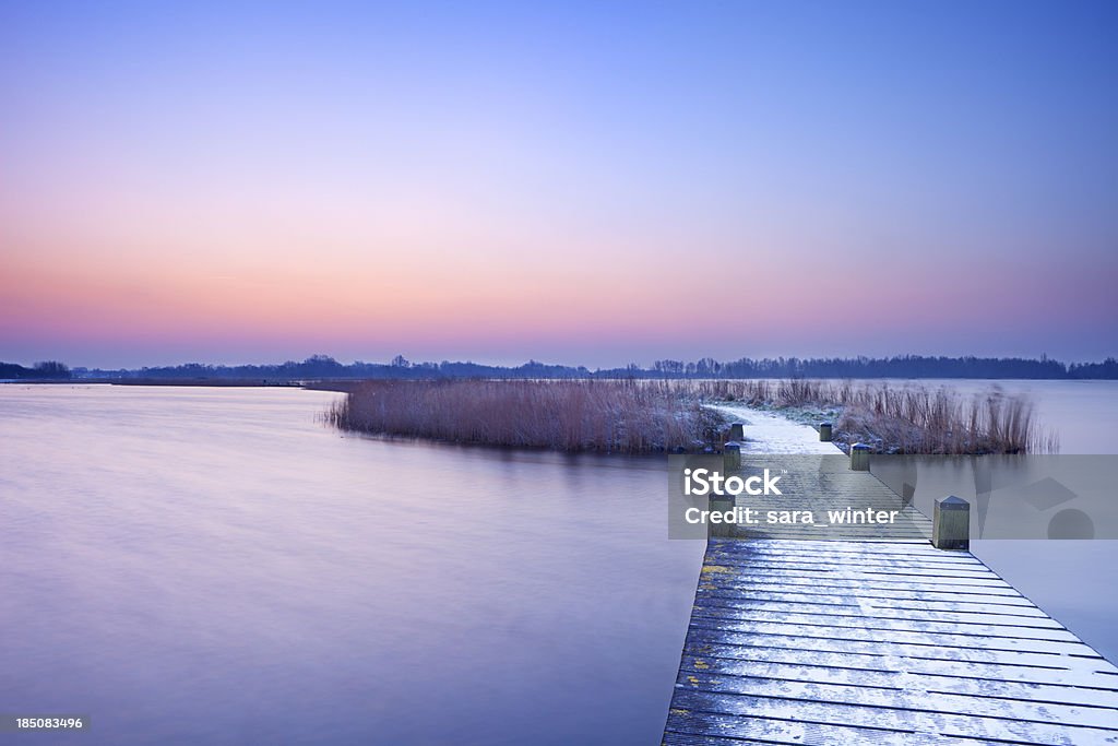 Boardwalk on a lake at dawn in winter, The Netherlands A frosty boardwalk over quiet lake on an early winter morning. Landscape - Scenery Stock Photo
