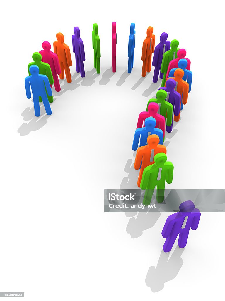 Colorful figures in queue forming question mark symbol "Colorful figures lining up in queue, isolated on white background." Arrangement Stock Photo
