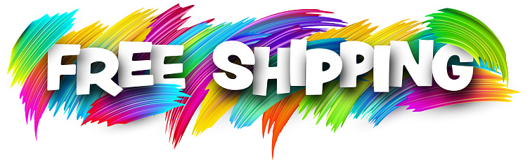 Free shipping paper word sign with colorful spectrum paint brush strokes over white. Vector illustration.