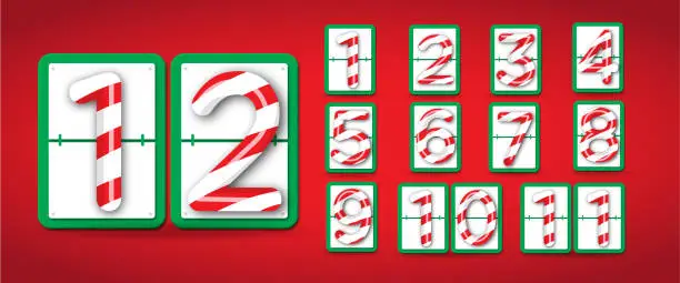 Vector illustration of Set of 12 Days Until Christmas countdown with candy cane number flip counter web banner background design template