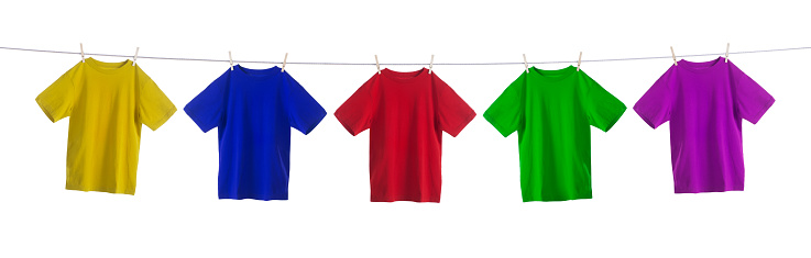 This is a photo of colorful shirts hanging on a clothesline isolated against a pure white background.
