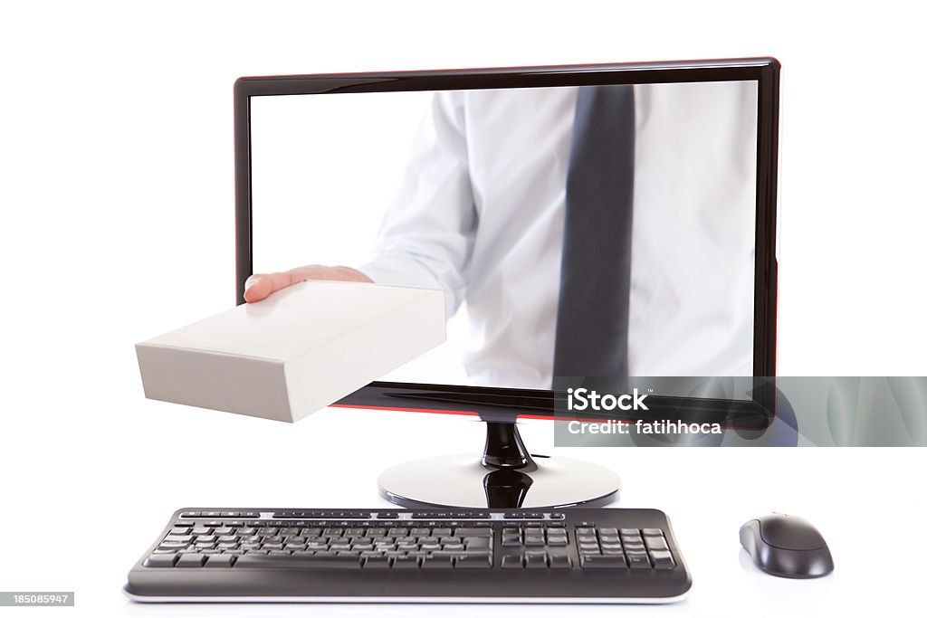 Delivering Mail Hand is holding box in computer. Computer Monitor Stock Photo