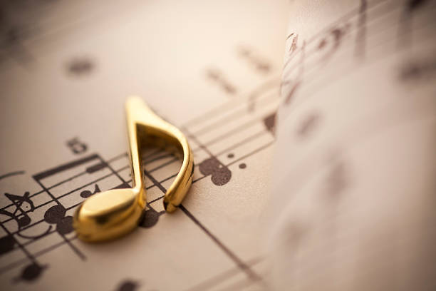 istock Gold 3d music note on sheet music 185086750