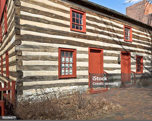 Log Cabin With Red Window Frames And Doors Stock Photo - Download Image Now - Pennsylvania, York - Pennsylvania, Architectural Feature