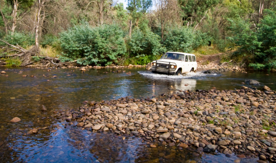A four wheel drive vehicle crossing the Wonnongatta River in the Victorian Alps.  The Wonnongatta Station area of the Victorian High Country provides some of the most challenging off-road driving in Australia.