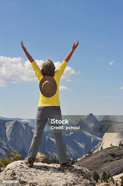 Woman On Top Of Mountain Stock Photo - Download Image Now - 30-39 Years, Active Lifestyle, Active Seniors