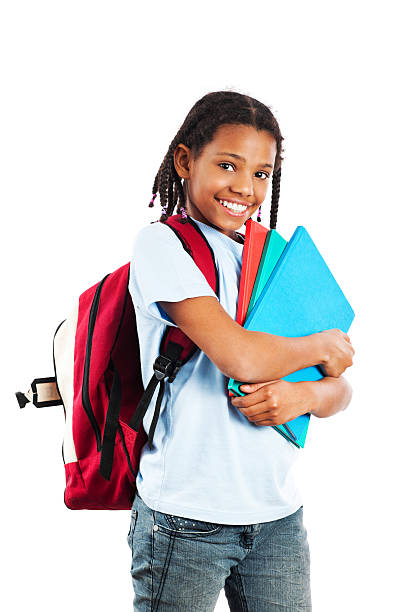 afro-americana con il suo portatile. - schoolgirl school children isolated child foto e immagini stock