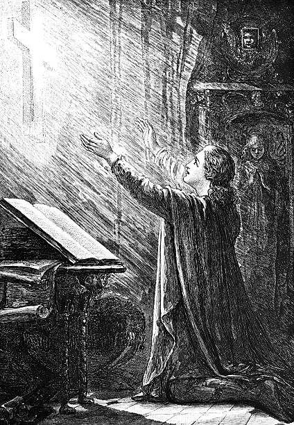 Man Praying - Victorian Illustration Man praying drawing of a man kneeling in prayer stock illustrations