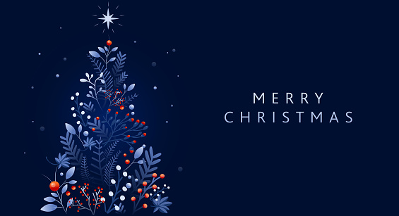 Vector illustration of Merry Christmas card design template in dark blue with hand drawn branches and florals. Includes Christmas Tree shape. Invitation card design with blue and red branches and berries on a rich dark blue background. Easy to customize. Download includes vector eps and high resolution jpg.