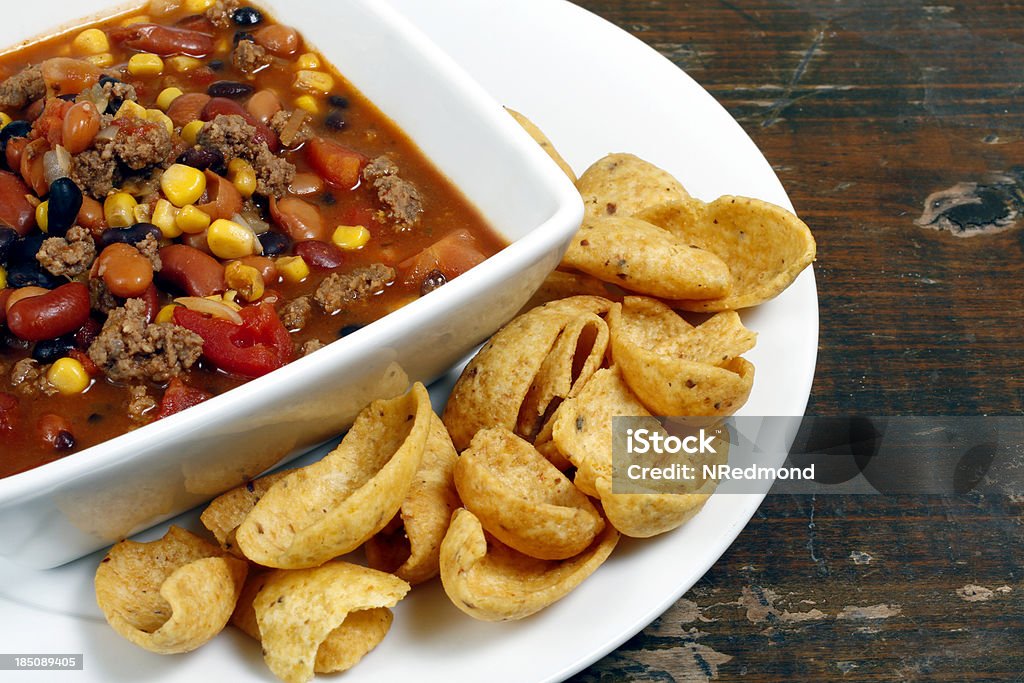 taco soup bowl of taco soup with corn chips Bean Stock Photo
