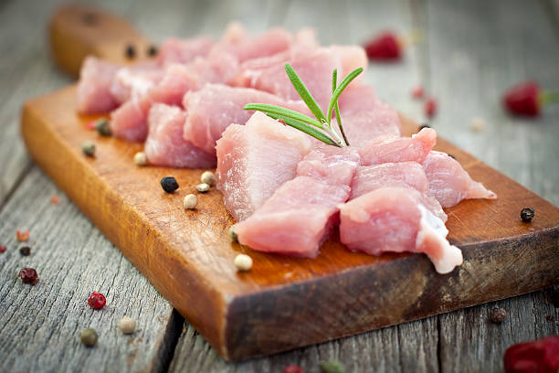 istock Chunks of raw meat sprinkled with peppercorns on wood board 185089624