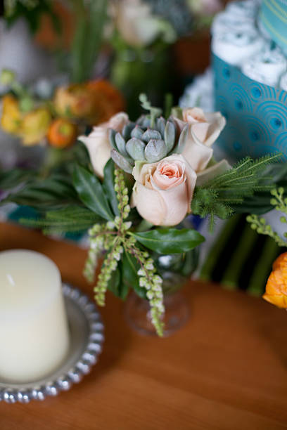 istock Flower arrangement on a party table 185090115