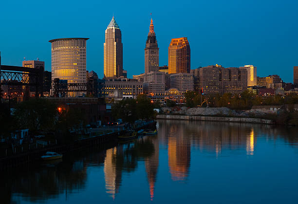 istock Cleveland skyline and river at dusk 185091030