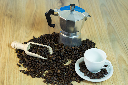 Coffee maker with coffee seen from above.