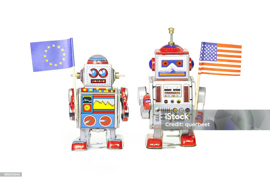 Retro Zinn Spielzeug-Roboter mit amerikanischer Flagge - Lizenzfrei Futuristisch Stock-Foto