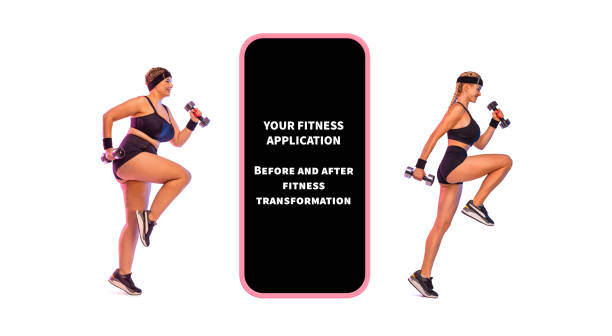 istock Before and After Fintess Transormation with Your Application. Design for Mobile App. Women With Big Smartphone. Blank Screen for Copy Space. Girl Recommending Application Or Website. 1850921185