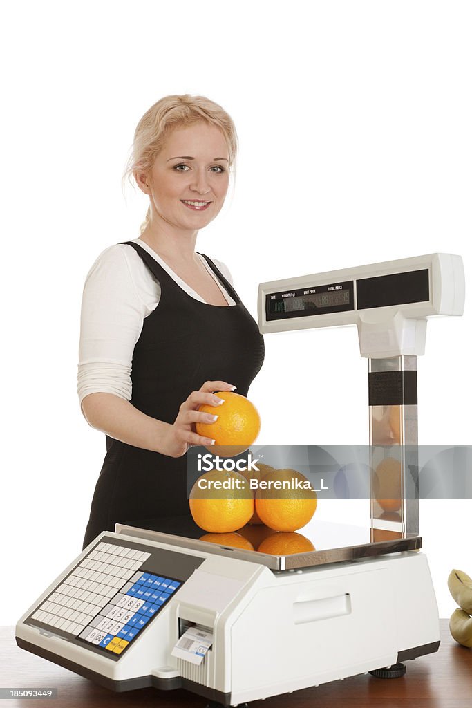 Woman With Scale Woman With Thermal Label Printing Commercial Scale. All about bar-codes in my lightbox: Adult Stock Photo