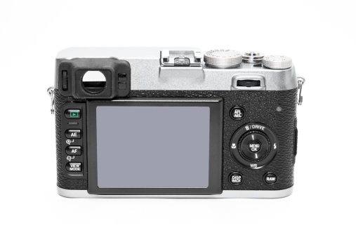 The rear of a new digital camera with classic vintage design.