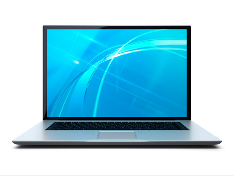 A side view of a laptop with open display isolated on white background