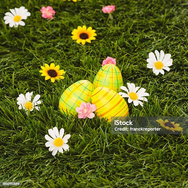 Colored Easter Eggs On Spring Field — стоковые фотографии и другие картинки Без людей - Без людей, Весна, Декоративный сад