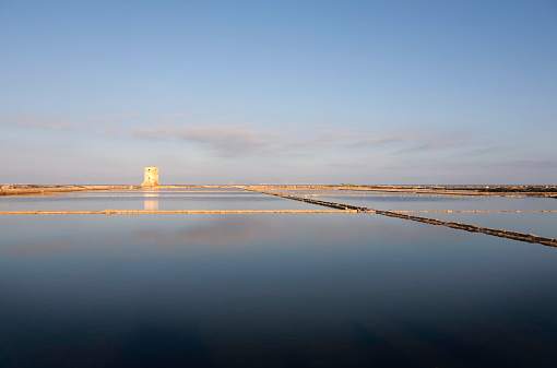 Salt field in Trapani district, Sicily, Italy