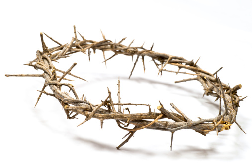 Crown of Thorns for the depiction of the Easter story.Christ crucified against a blue sky with sunlight illuminating right hand side.For all my easter related images please see this Lightbox: