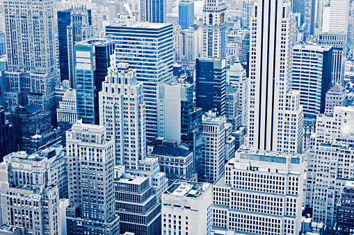 New York City buildings Monochrome blue toned image
