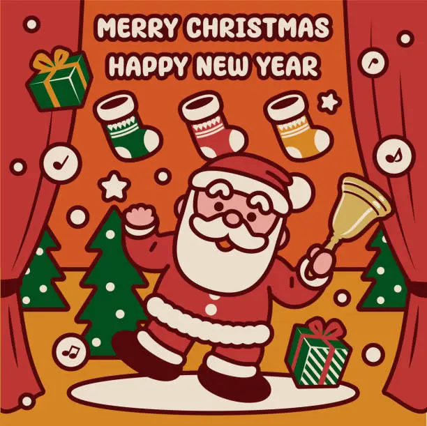 Vector illustration of Adorable Santa Claus dancing happily on a stage ringing a jingle bell and sending Christmas presents wishes you a Merry Christmas and a Happy New Year