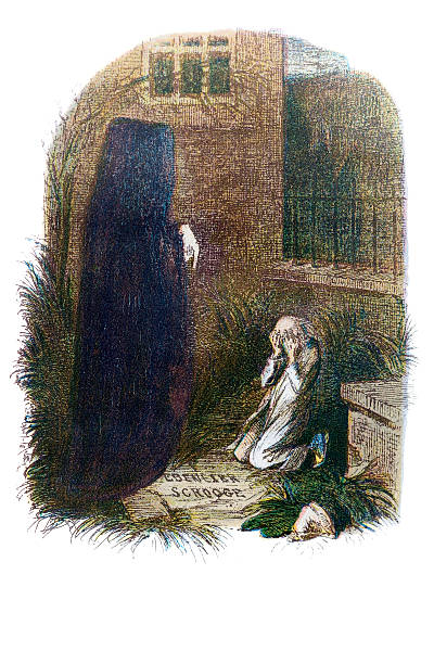 Christmas Carol Scrooges Last SpiritIllustration by John Leech (1817-1864) charles dickens stock illustrations