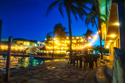 Ciudad Madero, Tamaulipas Mexico, October 4 2023 hotel with pool, palm trees and tables on Miramar beach in Tampico Madero Tamaulipas