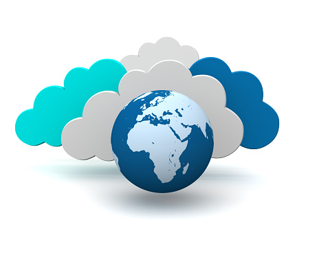 Graphic symbol of global cloud technology with an earth globe and clouds.