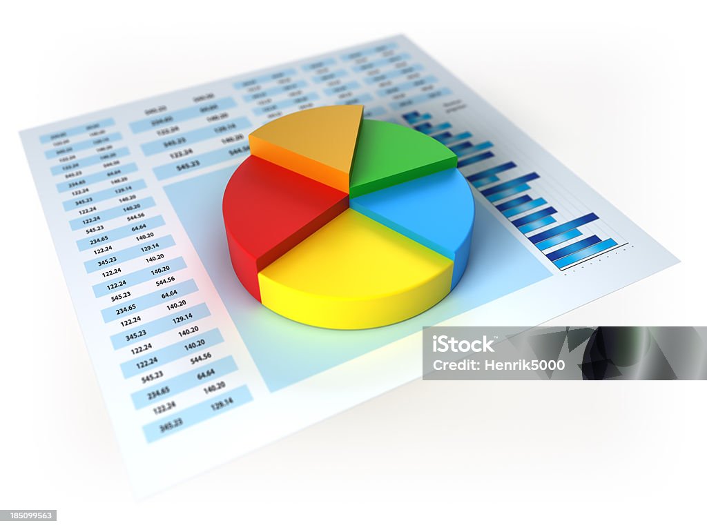 Dati finanziari con piechart 3d isolato su bianco/clipping path - Foto stock royalty-free di Foglio elettronico