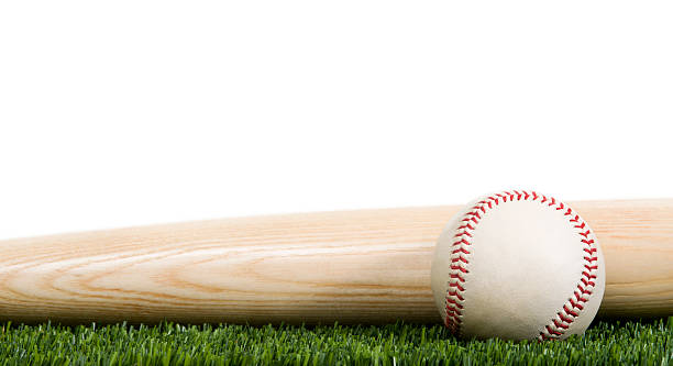 A baseball and bat sitting on artificial turf against a white background