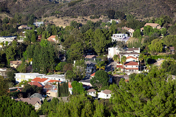 California Homes Seen from Mullholland Drive Homes in upper Woodland Hills near Mullholland Drive west San Fernando Valley, Los Angeles, California woodland hills los angeles stock pictures, royalty-free photos & images