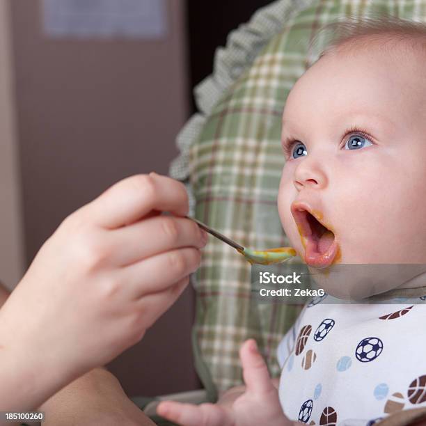 Mãe Alimentação Bebé Sólido Colher De Alimentos - Fotografias de stock e mais imagens de 6-11 meses - 6-11 meses, Alimentar, Bebé