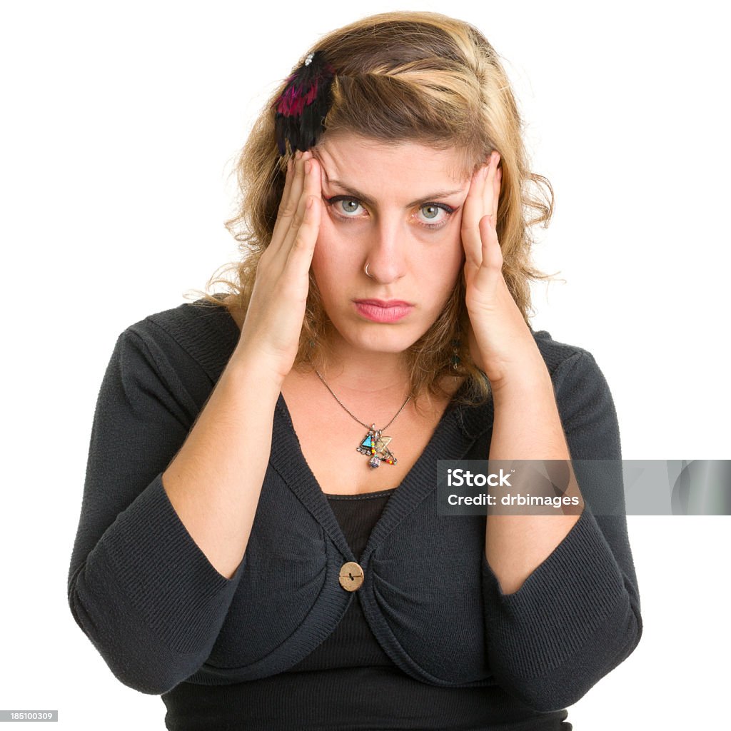 Недоволен молодая женщина Тереть Руководитель - Стоковые фото Всматриваться роялти-фри