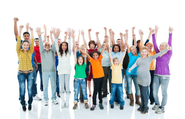 istock Large Group of Happy People raised hands. 185100359