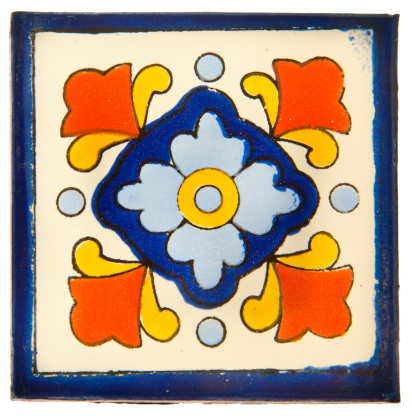 Handcrafted, hand-painted Mexican Ceramic Tile. Mexican tiles are concave (not perfectly flat). They are characterized as unique and  irregular. Stenciled ceramic glaze suggest soft focus and edges. Edges are hand cut and irregular.