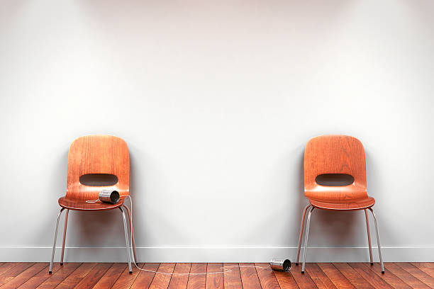 Two chairs with tin can phone Two chairs with tin can phone(Computer Generated Rendering) communication problems stock pictures, royalty-free photos & images