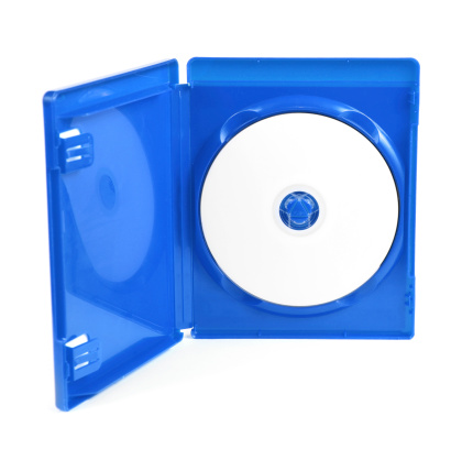 Blank disk with copyspace in blue case. Blu-ray disk in jewel case.