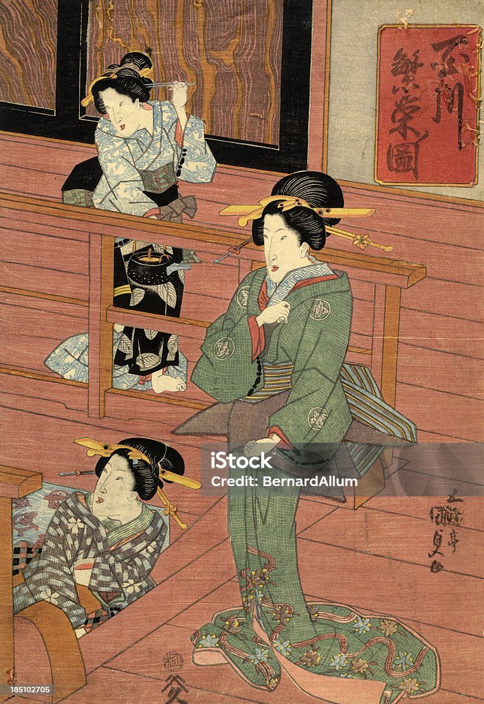 Traditionelle japanische Woodblock von Frauen im Zimmer - Lizenzfrei Ukiyo-e Stock-Illustration