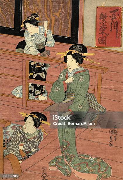 Traditionelle Japanische Woodblock Von Frauen Im Zimmer Stock Vektor Art und mehr Bilder von Ukiyo-e