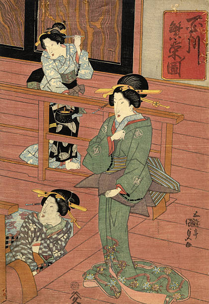 tradycyjne japońskie woodblock z kobiety w pokoju - geisha kabuki japan japanese culture stock illustrations