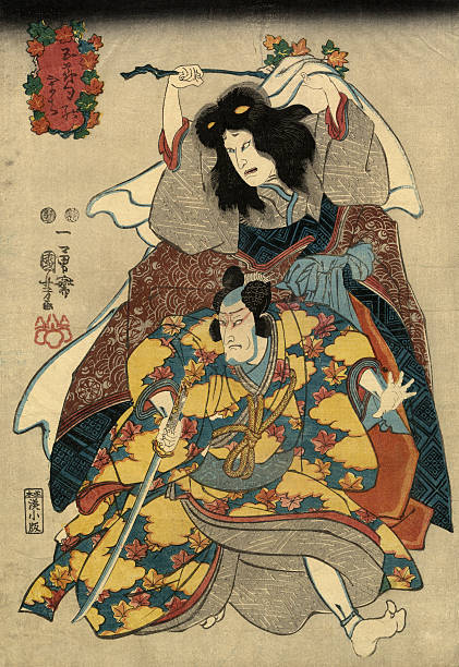 Traditional Japanese Woodblock print of Actors Utagawa Kuniyoshi 1797-1862 was one of the last great masters of the Japanese ukiyo-e style of woodblock prints he is associated with the Utagawa school. His artwork was affected by Western influences in landscape painting and caricature. samurai stock illustrations