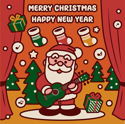 Cute Christmas Characters Vector Art Illustration.
Adorable Santa Claus playing the ukulele happily on a stage and sending Christmas presents wishes you a Merry Christmas and a Happy New Year.