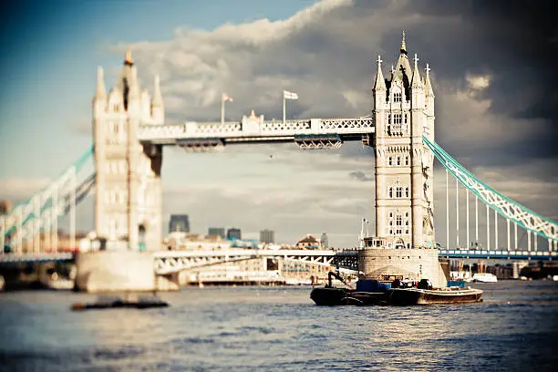 London view looking Tower Bridge.Tilt and shift with dramatic lights.Grain added.