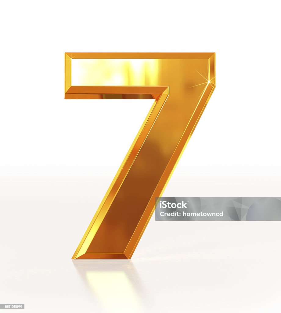 Gold Number 7 3D rendering of Number 7 made of sparkling gold with reflection isolated on white background. Number 7 Stock Photo