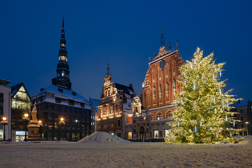 Riga Town Hall Square with a decorated Christmas tree before the Christmas holidays in downtown of old Riga city, Latvia.