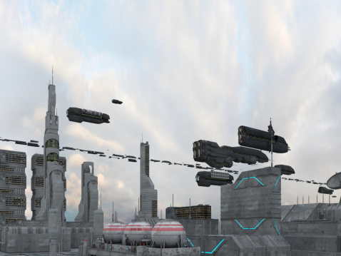 A lot of spaceships flying over a futuristic city. 3D image made by myself.